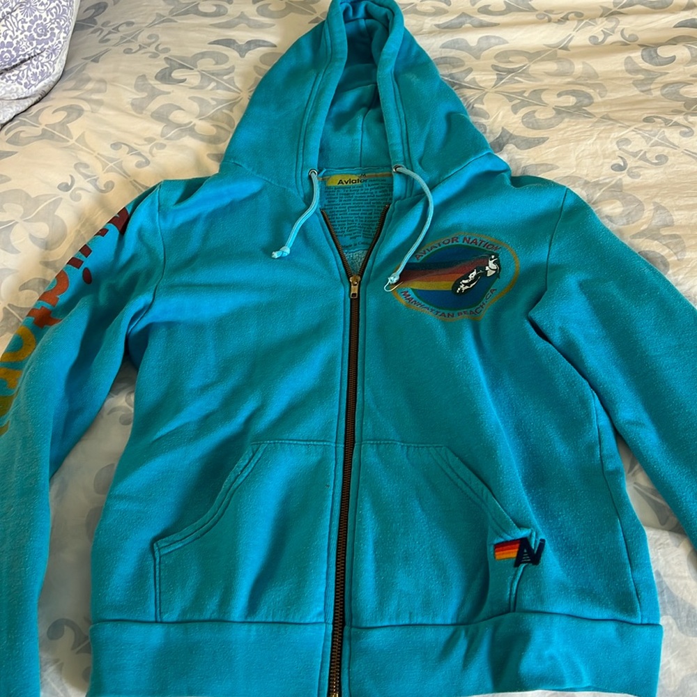 Aviator Nation zip hoodie sweatshirt. Turquoise.  Classic style.